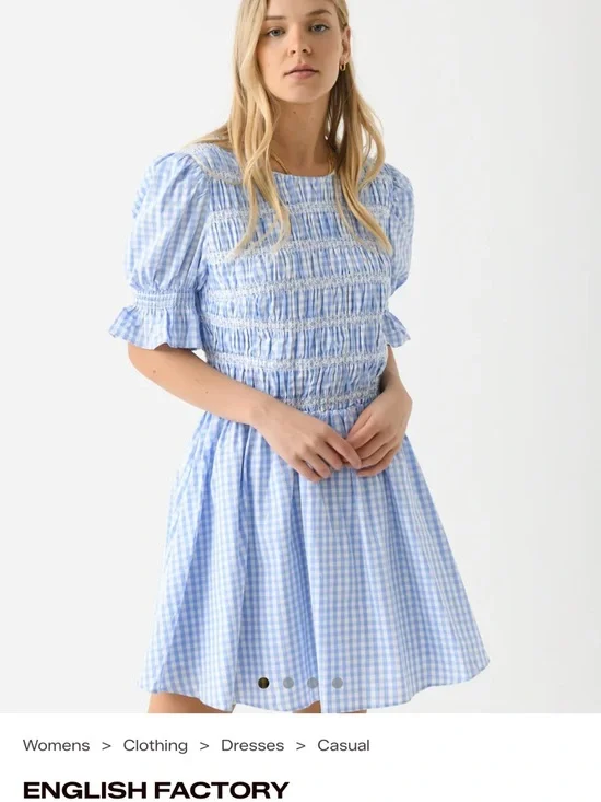 English Factory Light Blue Gingham Smocked Mini Dress - Picture 1 of 3